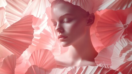 A woman bathed in soft pink light, her figure appearing sculpted with delicate carved surfaces that create shifting patterns of