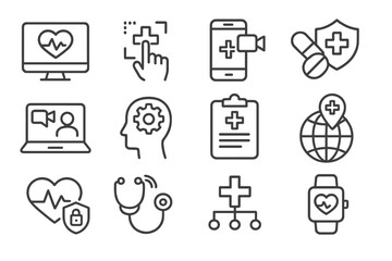 Digital health icons representing telemedicine, monitoring, and online healthcare solutions for modern medical practices