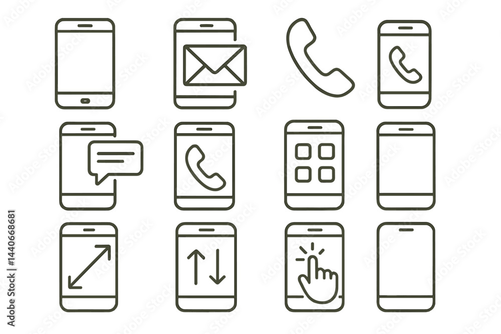 Poster collection of smartphone icons representing communication tools and user interface elements in a min
