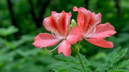 Close-up of a vibrant pink flower with long white stamens, against a green leafy backdrop