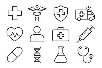 Medical symbols and icons representing health care, emergency services, and medical research in a clear design