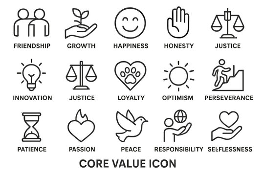 Display of core values represented through symbols illustrating friendship, growth, and justice in a concise design format