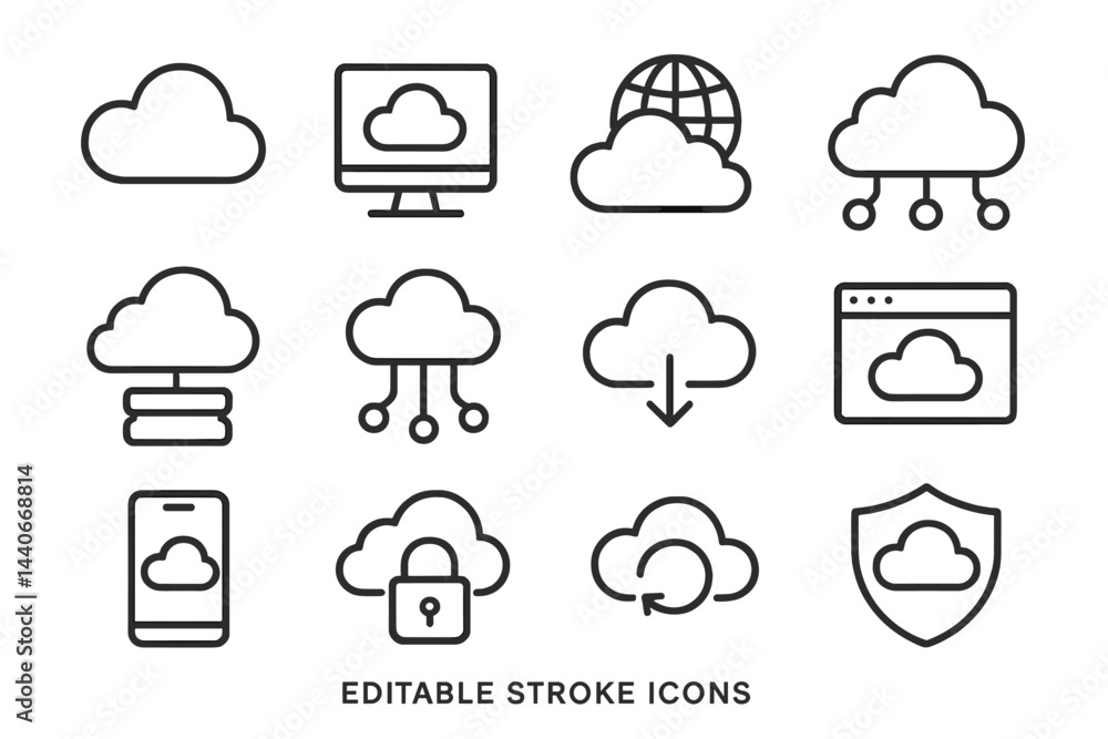 Poster collection of minimalistic cloud icons representing various aspects of cloud computing and digital s