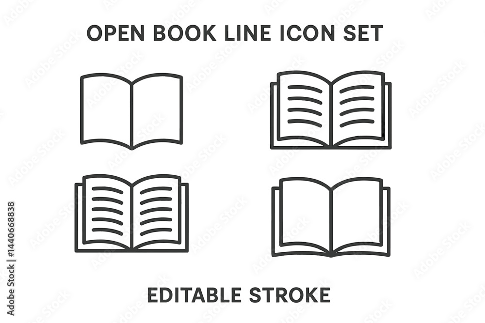 Poster open book line icons collection showcasing various perspectives and styles for design projects and e