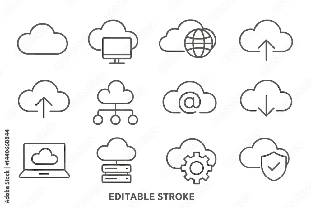 Poster collection of cloud computing icons representing various online activities and services used for dat