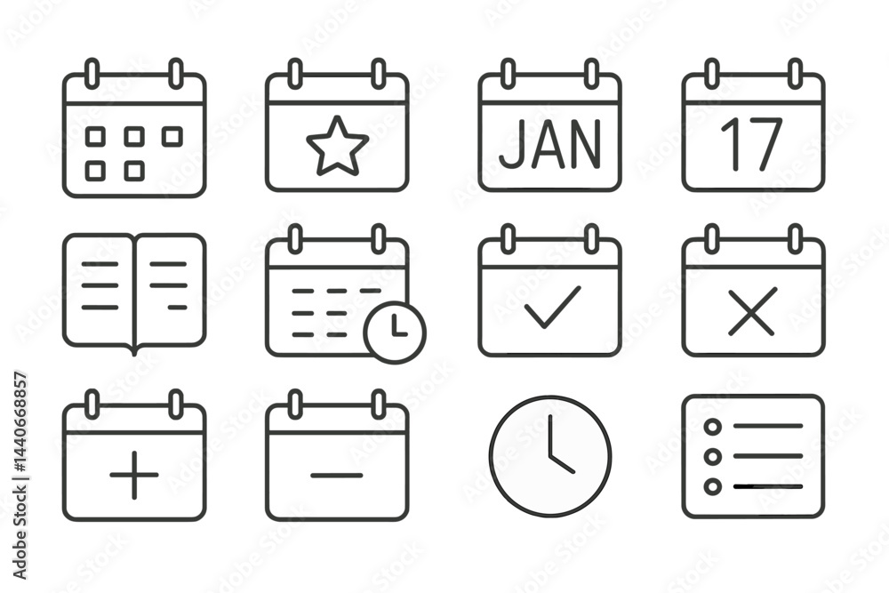 Poster variety of calendar icons depicting different functionalities and dates in a minimalist design suita
