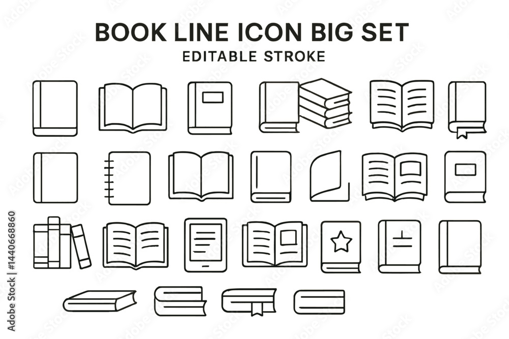 Poster collection of line icons illustrating various book types, including open and closed books, notebooks