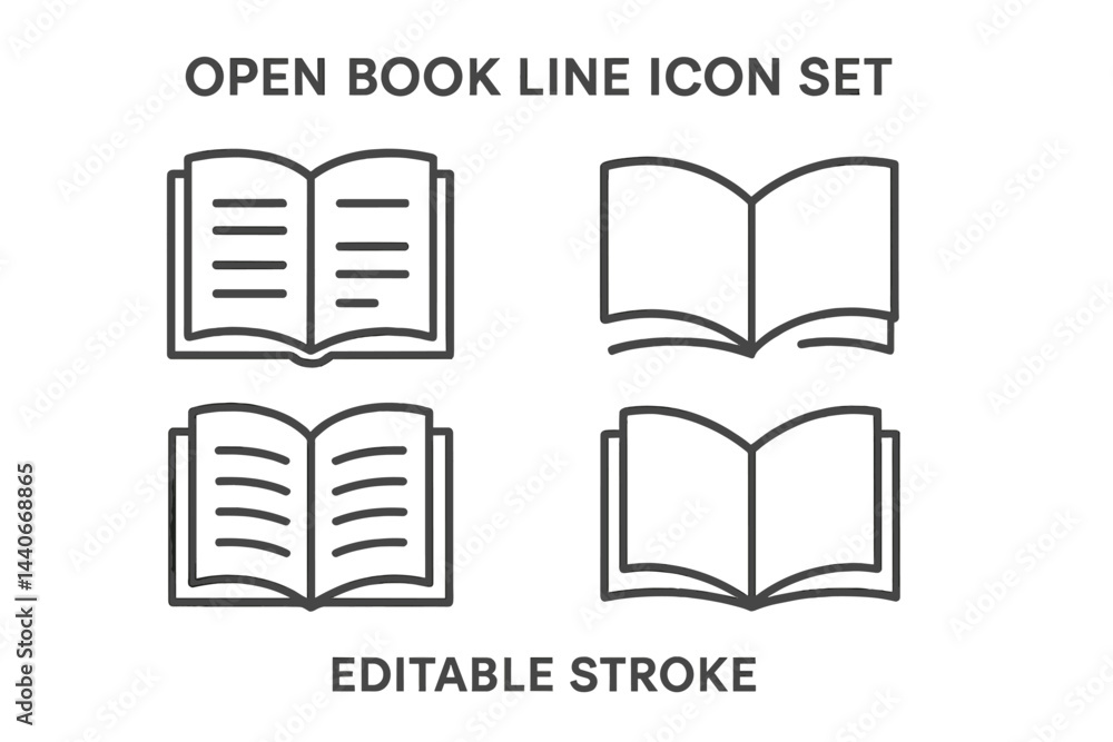 Poster open book line icon set showcasing various styles for design projects