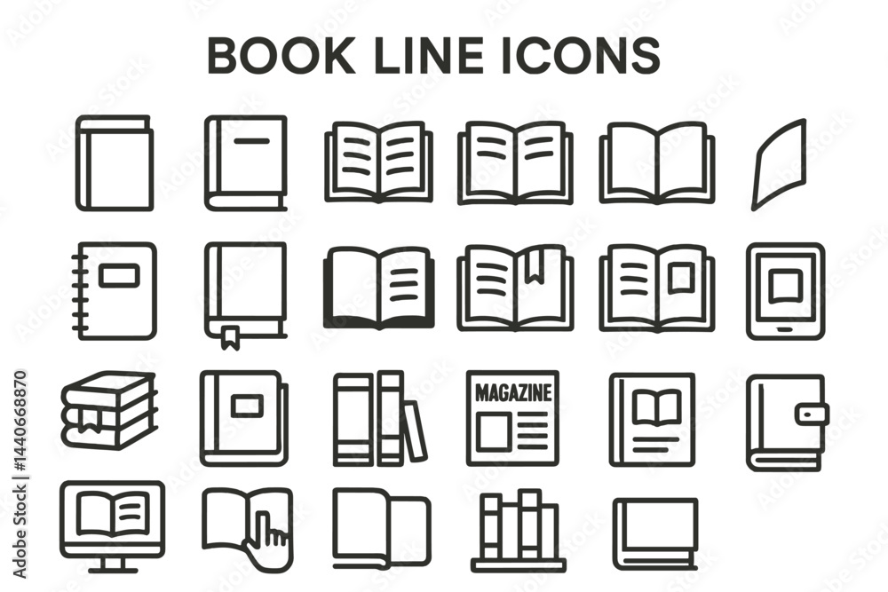 Aufkleber collection of line art icons depicting various types of books and reading materials for educational 