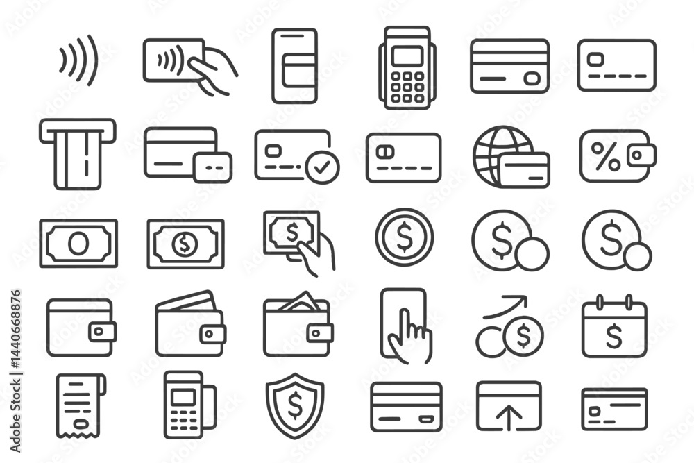 Poster symbols of modern finance and payment methods featuring cash, cards, wallets, and digital transactio