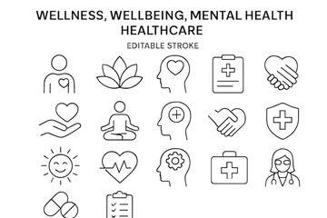 Collection of wellness and mental health icons representing healthcare and self-care practices in a minimalist style
