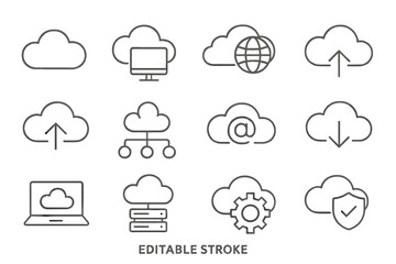 Collection of cloud computing icons representing various online activities and services used for data management and storage