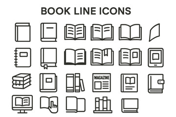 Collection of line art icons depicting various types of books and reading materials for educational and design use
