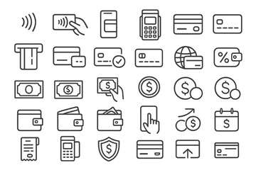 Symbols of modern finance and payment methods featuring cash, cards, wallets, and digital transactions displayed on a simple background