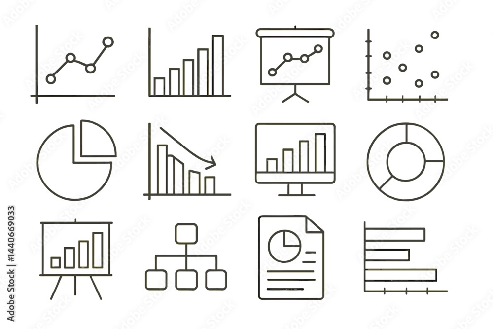 Poster various line and bar charts showcasing statistical data analysis in a minimal design format