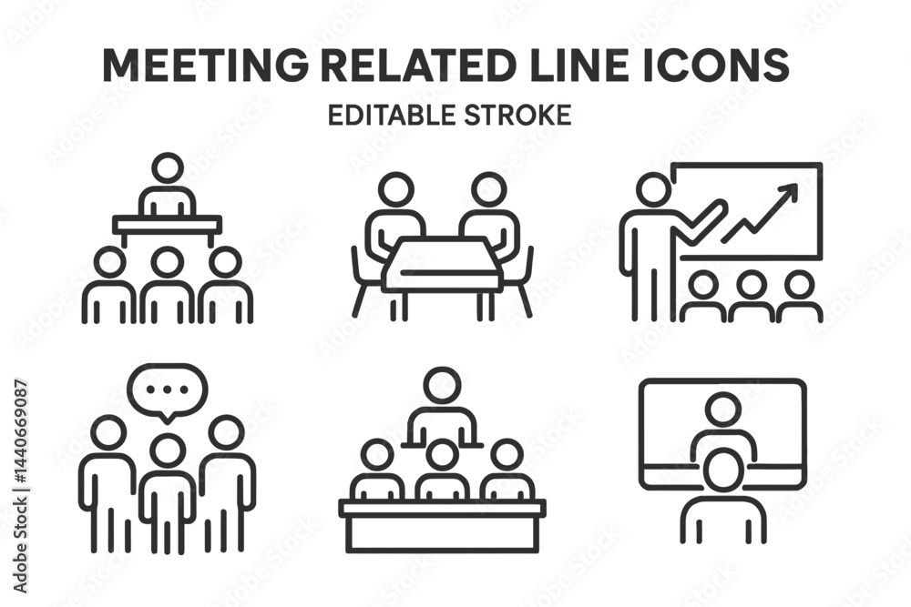 Poster meeting related line icons representing various activities in a professional setting