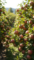 Ripe apples hanging on orchard trees in warm sunlight with lush green foliage in autumn harvest season