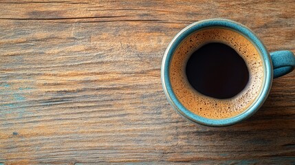 Espresso in teal mug on wood