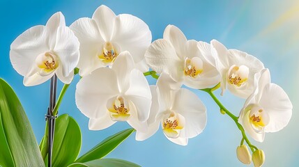 Delicate White Orchid Flowers Blooming Against a Bright Blue Background with Sunlight