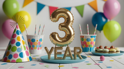 Festive table for a third birthday with a golden '3 YEAR' balloon, party hat, sweets, and colorful balloons.