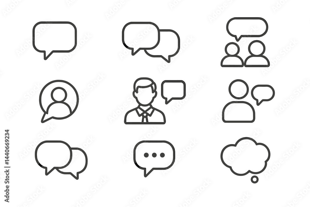 Poster communication icons display various conversation styles and types for modern digital interaction