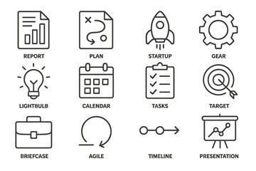 Icons representing business concepts for planning, startup, and project management tasks in a modern workspace
