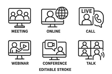 Online meeting and conference icons for virtual communication and collaboration applications
