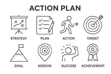 Key concepts illustrating an action plan for achieving goals in strategic planning and project management