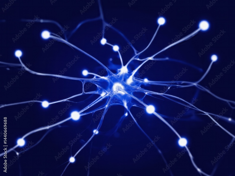 Poster bright glowing dots forming network nodes over deep navy background future con
