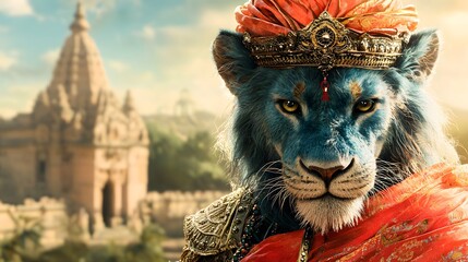 Regal Lion Dressed in Traditional Attire with Intricate Accessories in an Ancient Setting