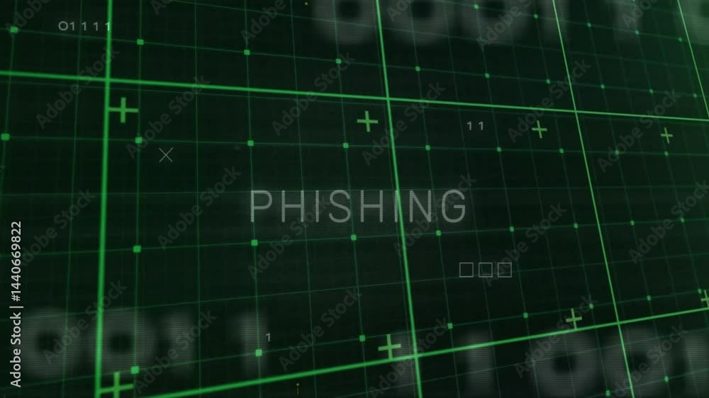 Poster phishing text floating over dark grid interface, showing green nodes, plus symbols, square icons