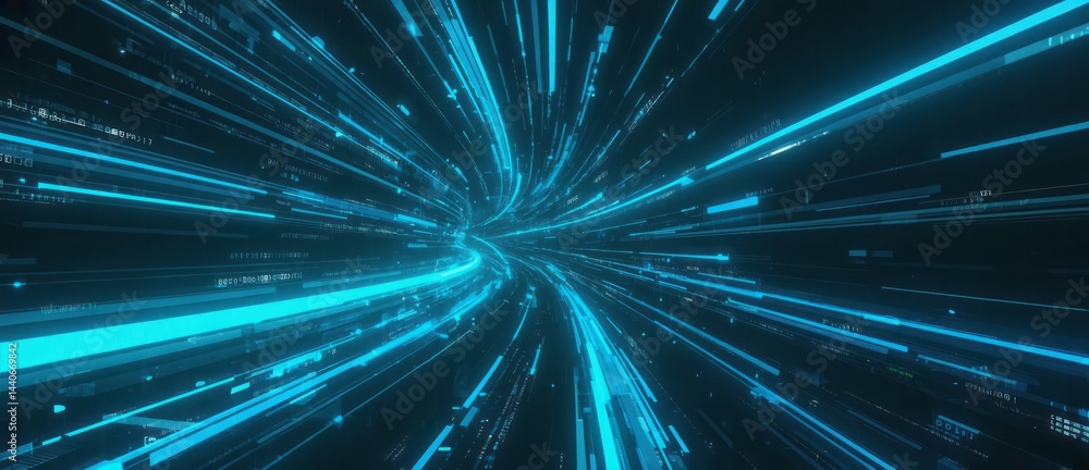 Poster abstract visual of glowing data tunnels moving into distance futuristic commun