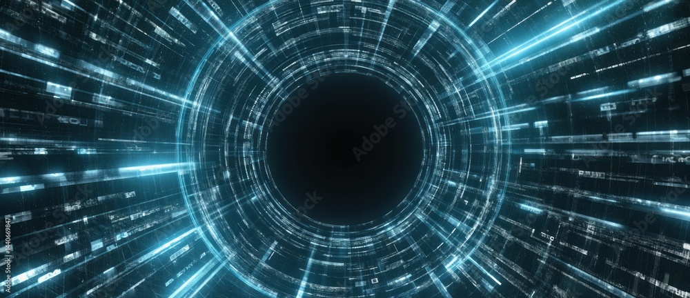 Poster abstract visual of glowing data tunnels moving into distance futuristic commun