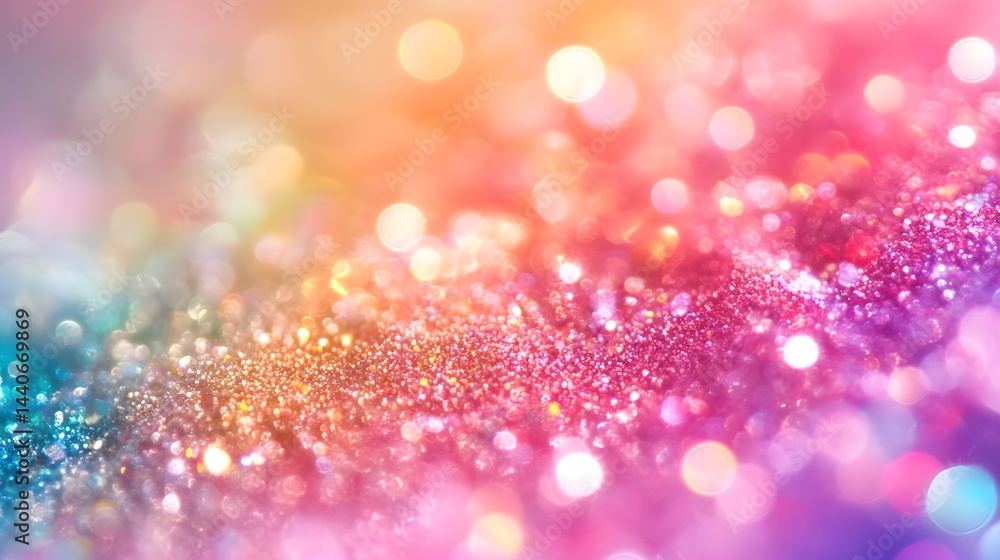 Poster sparkling rainbow fantasy: a mesmerizing macro shot of shimmering glitter, exploding in a vibrant sp
