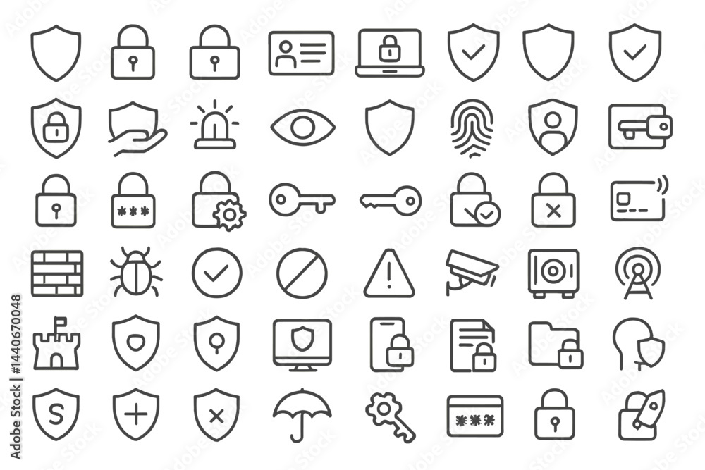 Poster collection of security icons representing various aspects of protection and privacy in digital envir