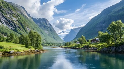 Fototapeta premium Stunning Scenic Landscape with Lush Green Valleys and Reflective Waters under a Blue Sky
