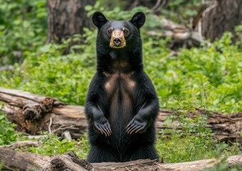 Obraz premium Majestic Black Bear Standing Amidst Lush Greenery in a Forest Setting with Fallen Logs and Natural Habitat Surrounding the Animal