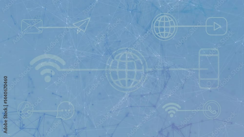 Poster globe icon glowing while connecting envelope, smartphone, wi-fi, chat bubble and network nodes