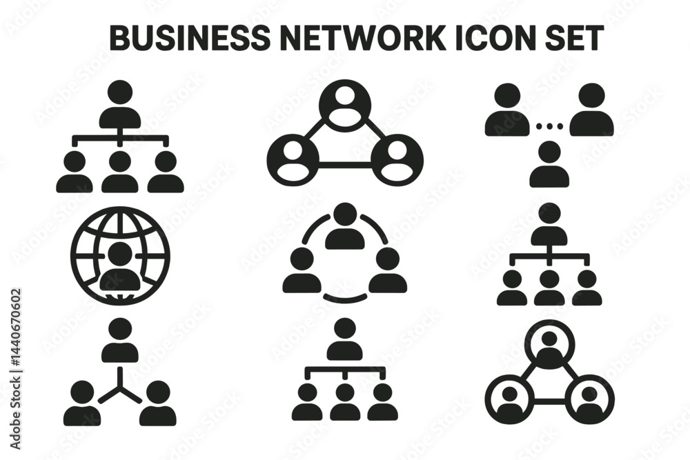 Poster collection of business network icons for collaboration and communication in various professional set