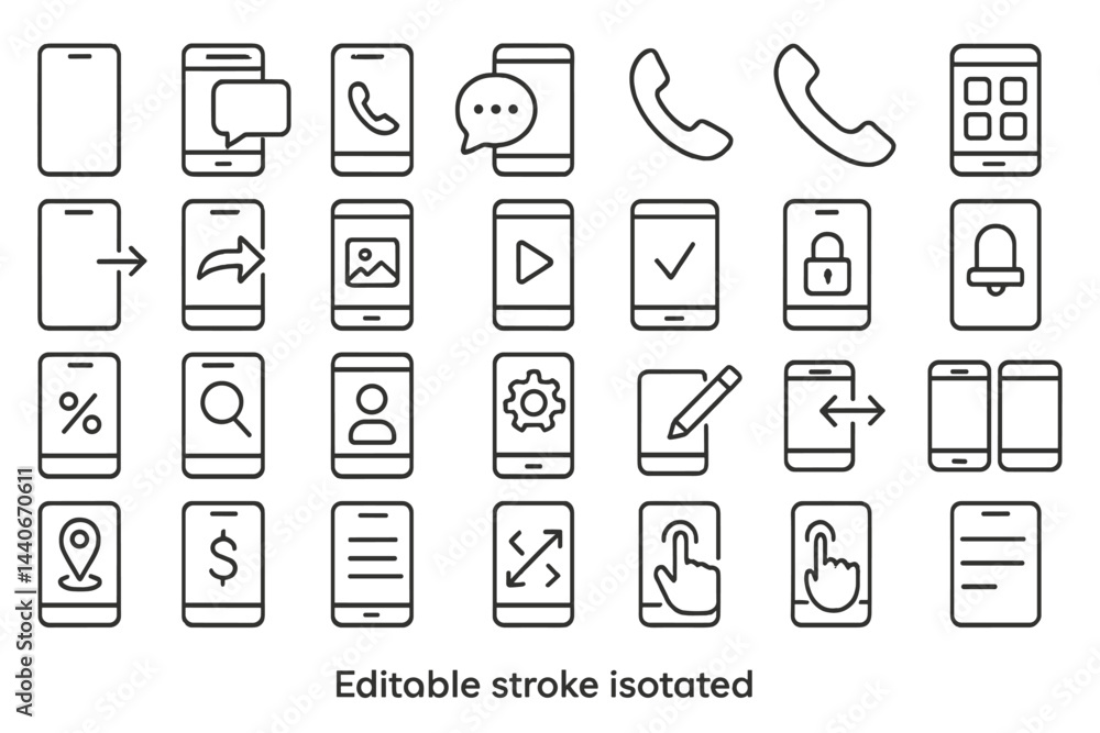 Poster collection of mobile phone icons representing various functions and applications in a minimalist des
