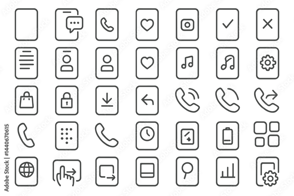 Poster collection of simple line icons representing various smartphone functions and features in a modern d