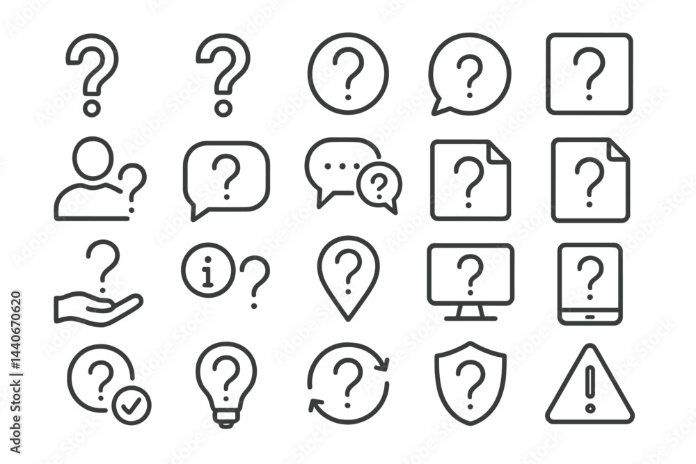 Poster various question marks and symbols representing inquiry and information seeking in a grid layout on 