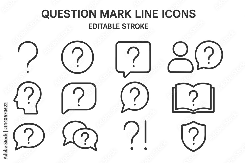 Poster collection of question mark line icons representing various inquiry themes and concepts for digital 