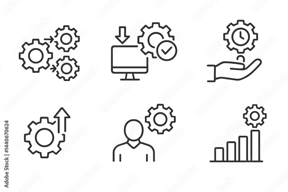 Poster icon set representing productivity, technology, and efficiency in a modern workspace environment wit
