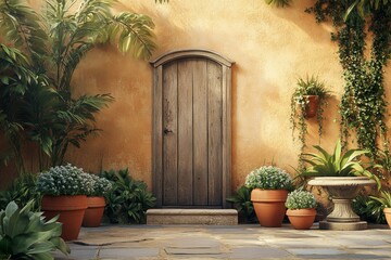 Outdoor terracotta patio with a weathered wooden door.