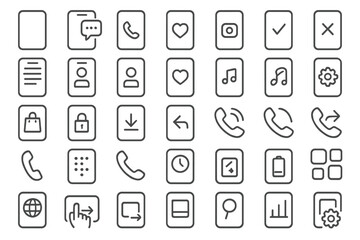 Collection of simple line icons representing various smartphone functions and features in a modern digital interface