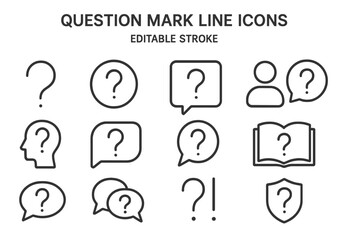 Collection of question mark line icons representing various inquiry themes and concepts for digital design use