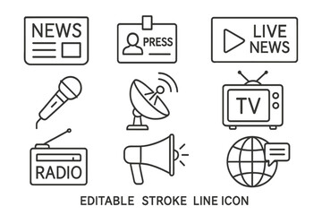Live news broadcasting symbols with microphone, satellite, and television illustrations for media representation