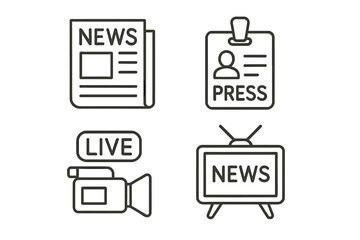 Symbols of journalism featuring news articles, press identification, live broadcasting, and television reporting in a modern design