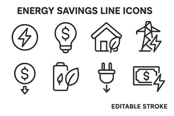 Illustrations of energy savings concepts in simple line icons showcasing various symbols related to conservation